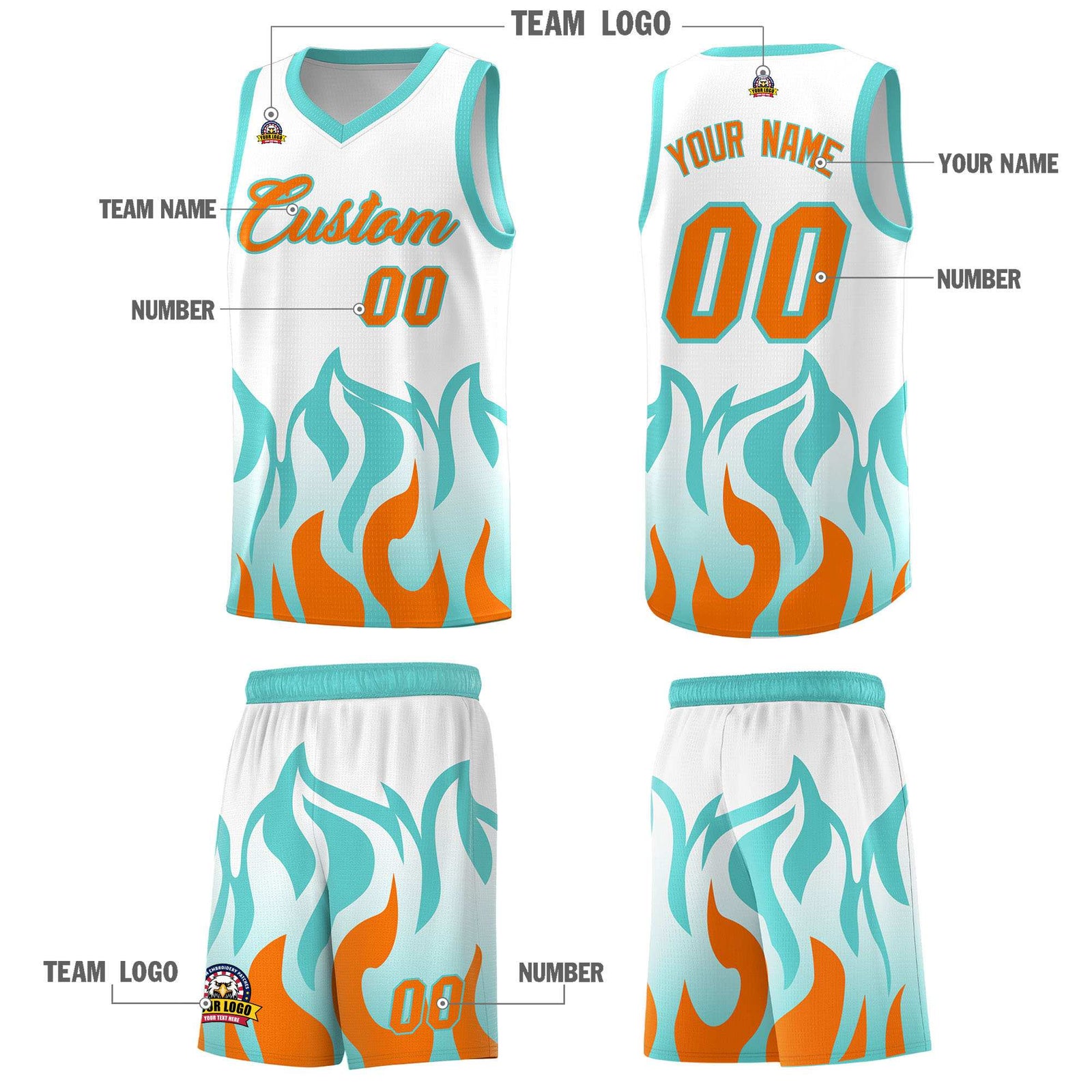 Custom White Orange Hem Flame Pattern Fashion Sports Uniform Basketball jersey