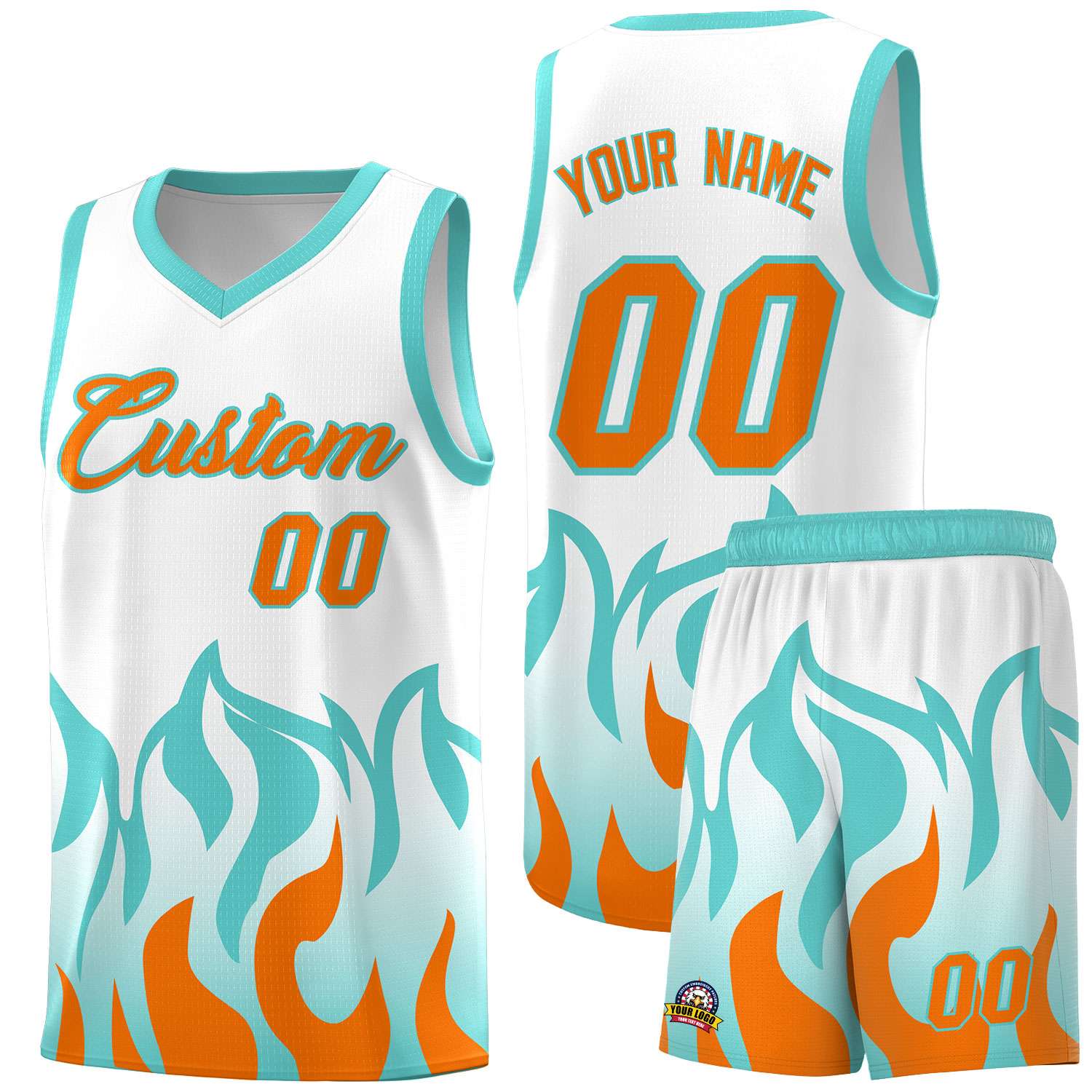 Custom White Orange Hem Flame Pattern Fashion Sports Uniform Basketball jersey