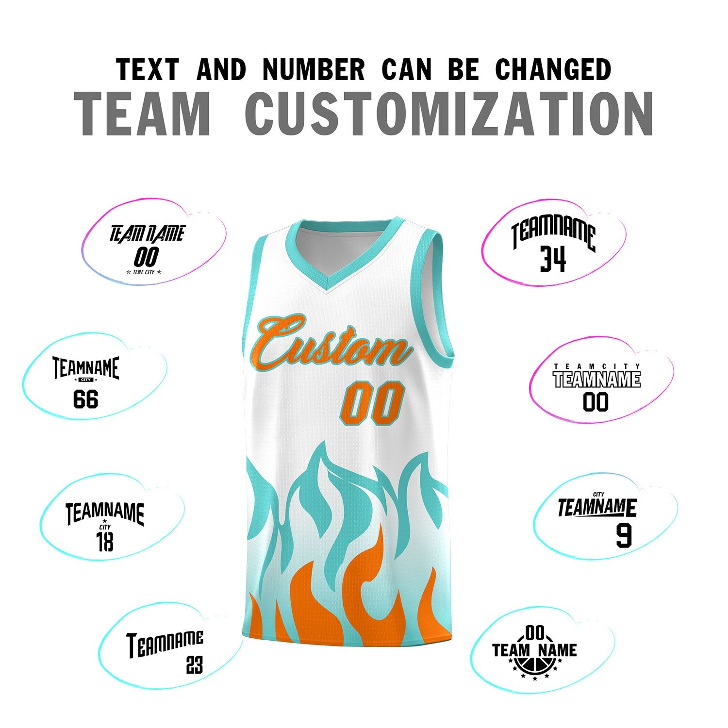 Custom White Orange Hem Flame Pattern Fashion Sports Uniform Basketball jersey