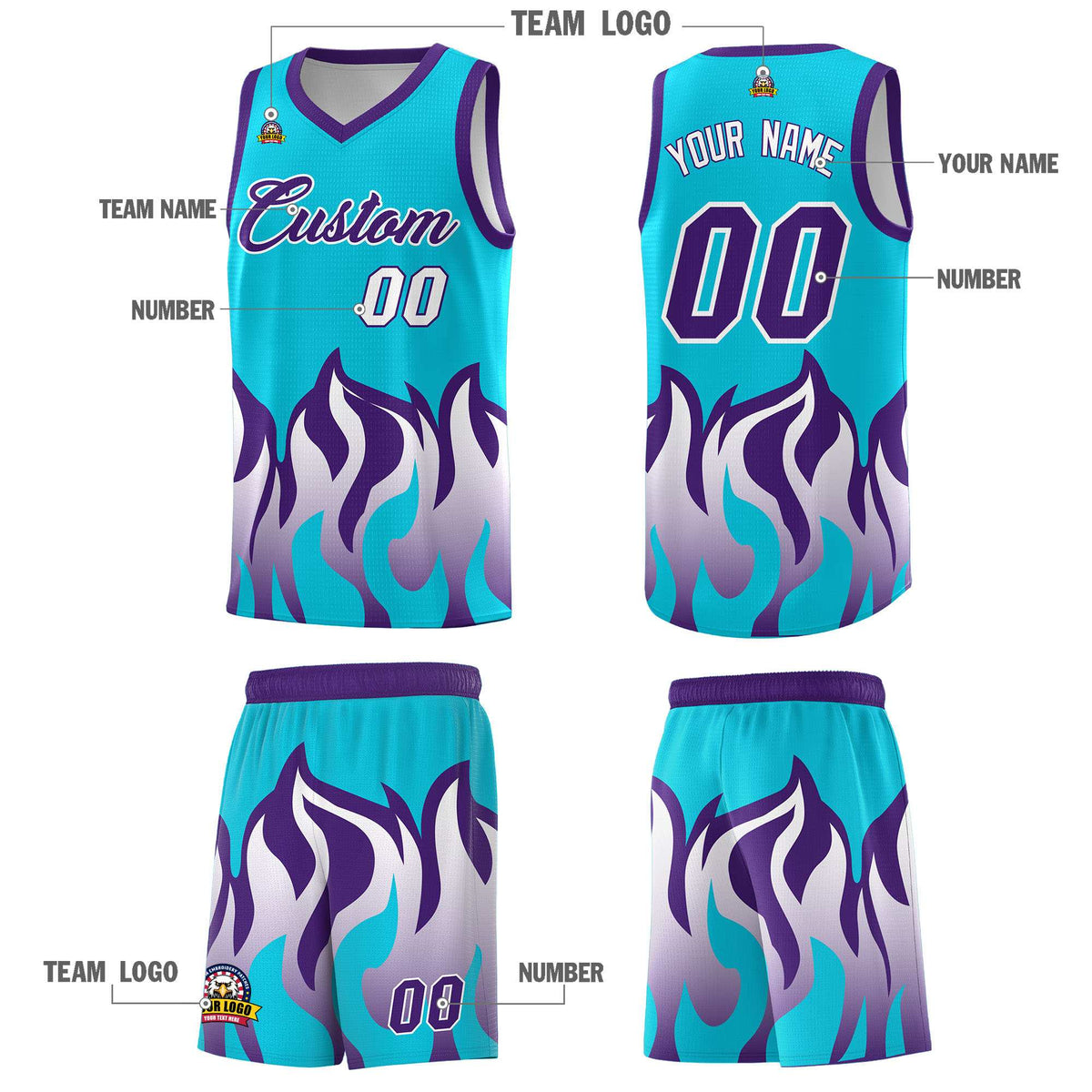 Custom Sky Blue Purple Hem Flame Pattern Fashion Sports Uniform Basketball jersey