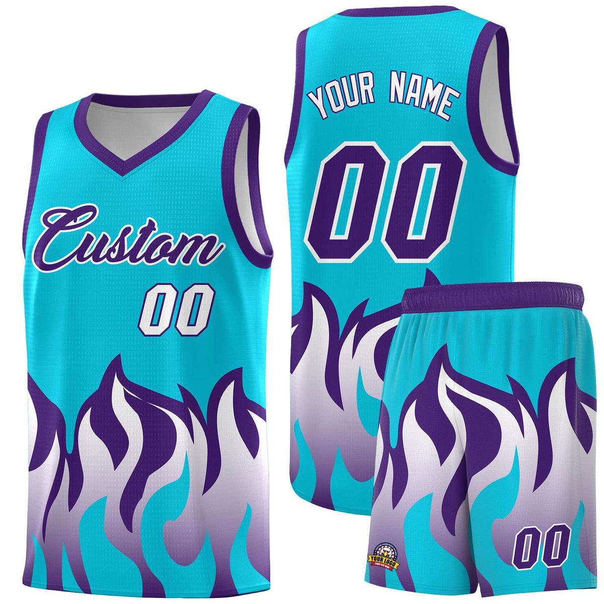 Custom Sky Blue Purple Hem Flame Pattern Fashion Sports Uniform Basketball jersey