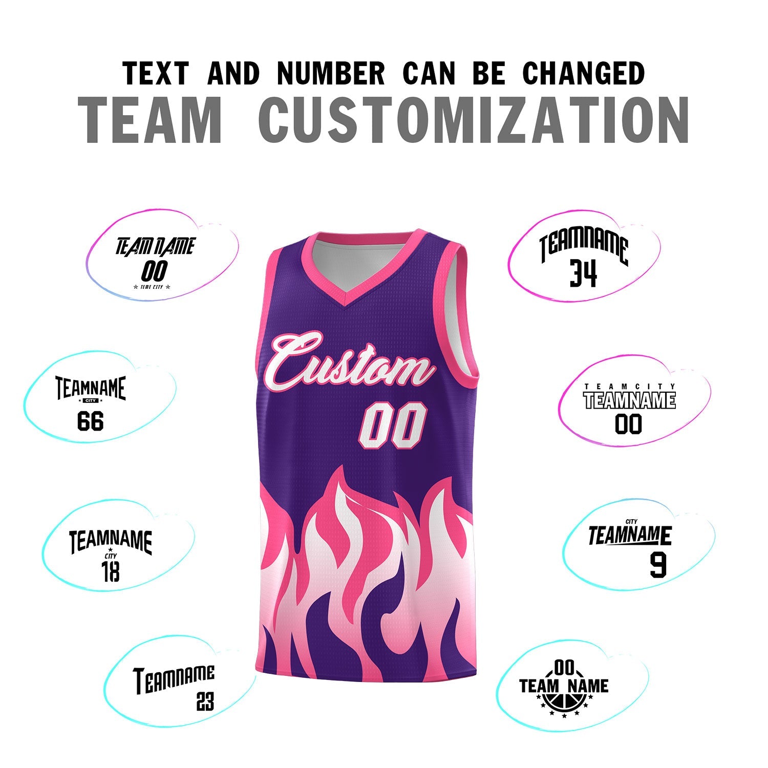 Custom Purple Pink Hem Flame Pattern Fashion Sports Uniform Basketball jersey