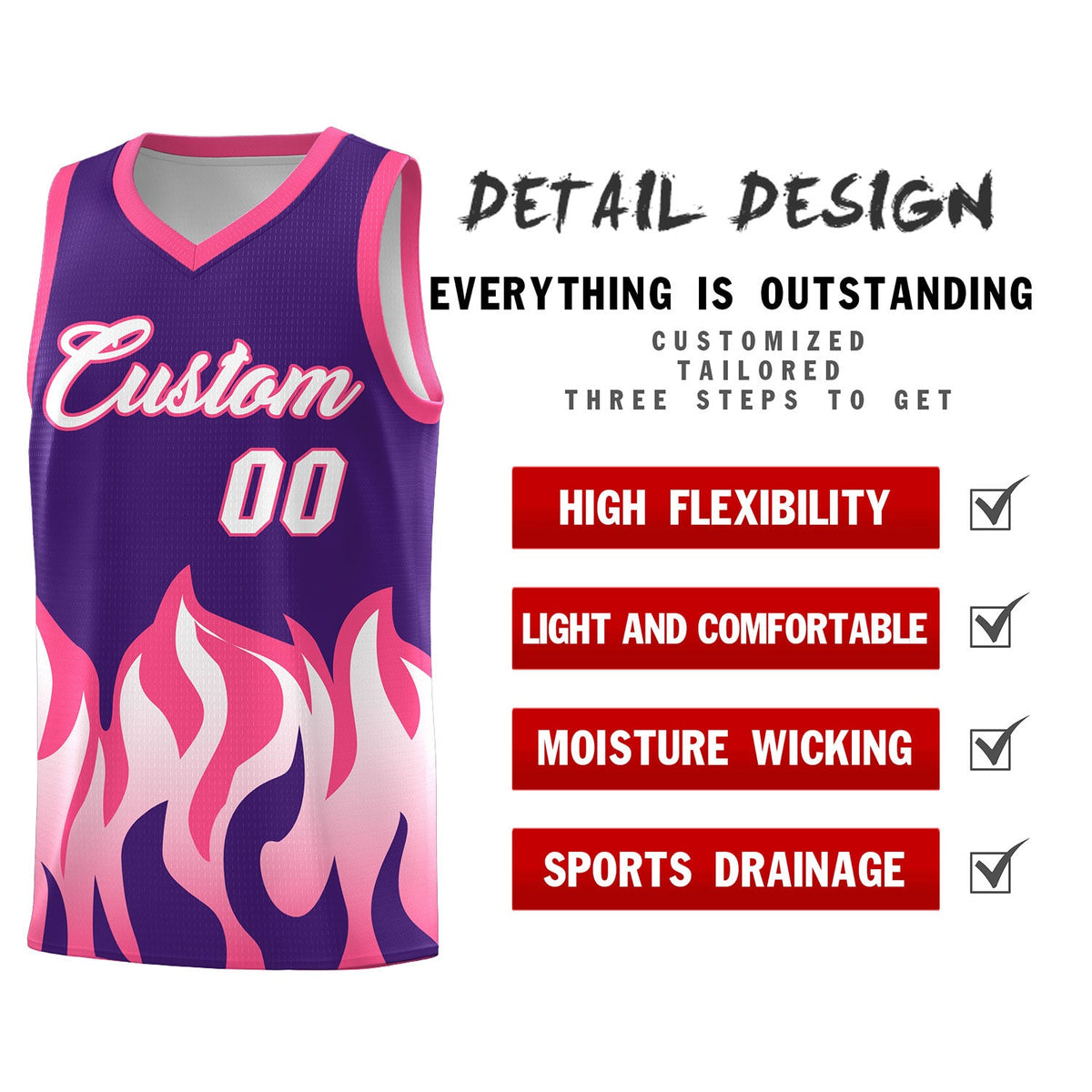 Custom Purple Pink Hem Flame Pattern Fashion Sports Uniform Basketball jersey