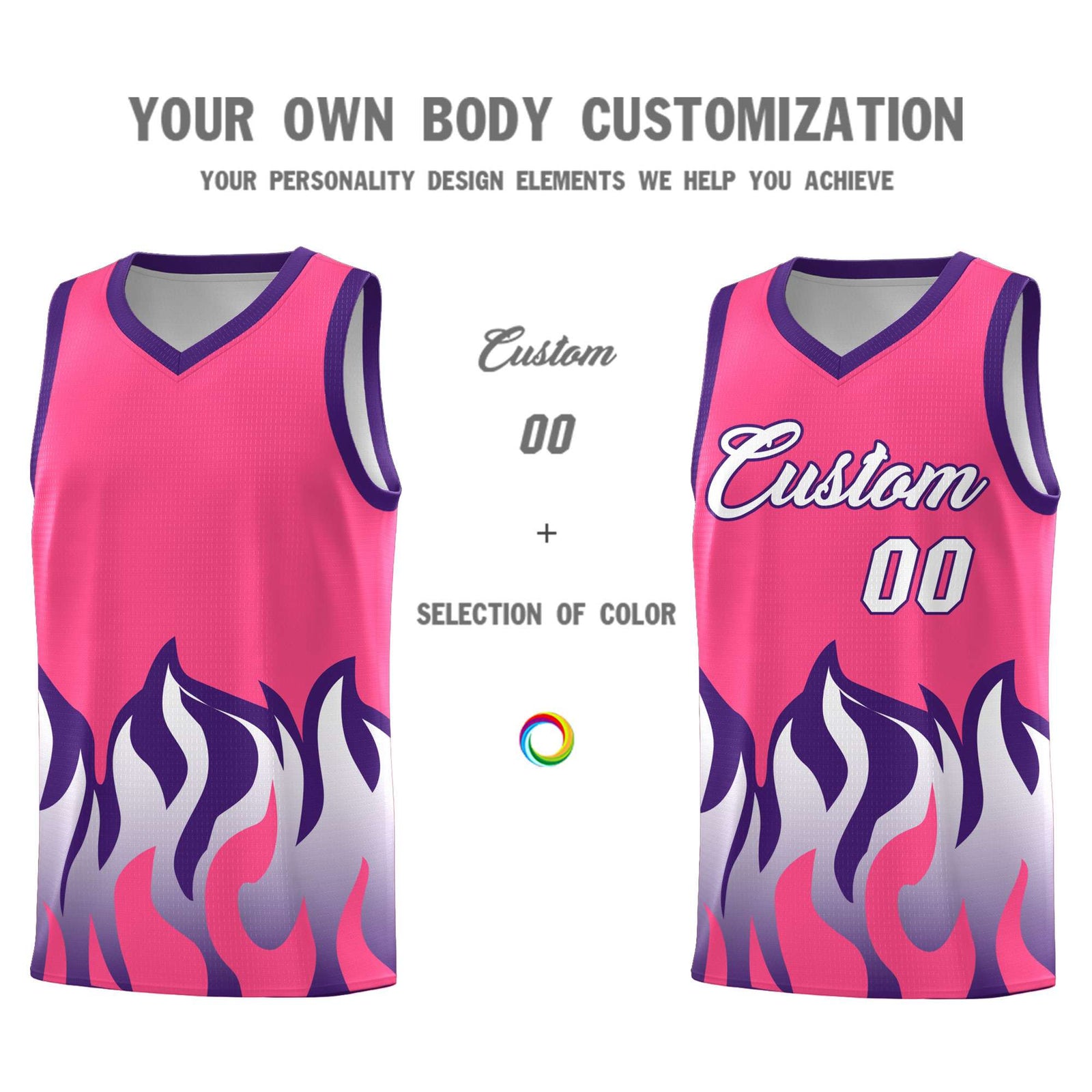 Custom Pink Purple Hem Flame Pattern Fashion Sports Uniform Basketball jersey