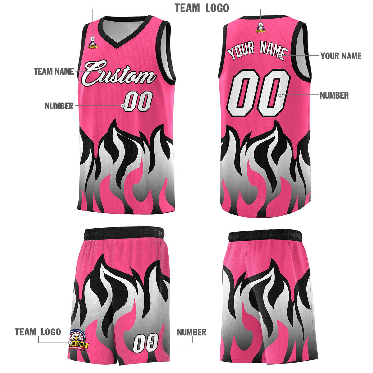 Custom Pink Black Hem Flame Pattern Fashion Sports Uniform Basketball jersey