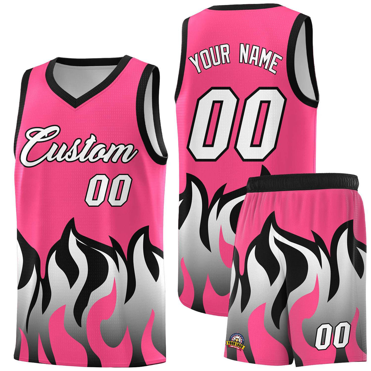 Custom Pink Black Hem Flame Pattern Fashion Sports Uniform Basketball jersey