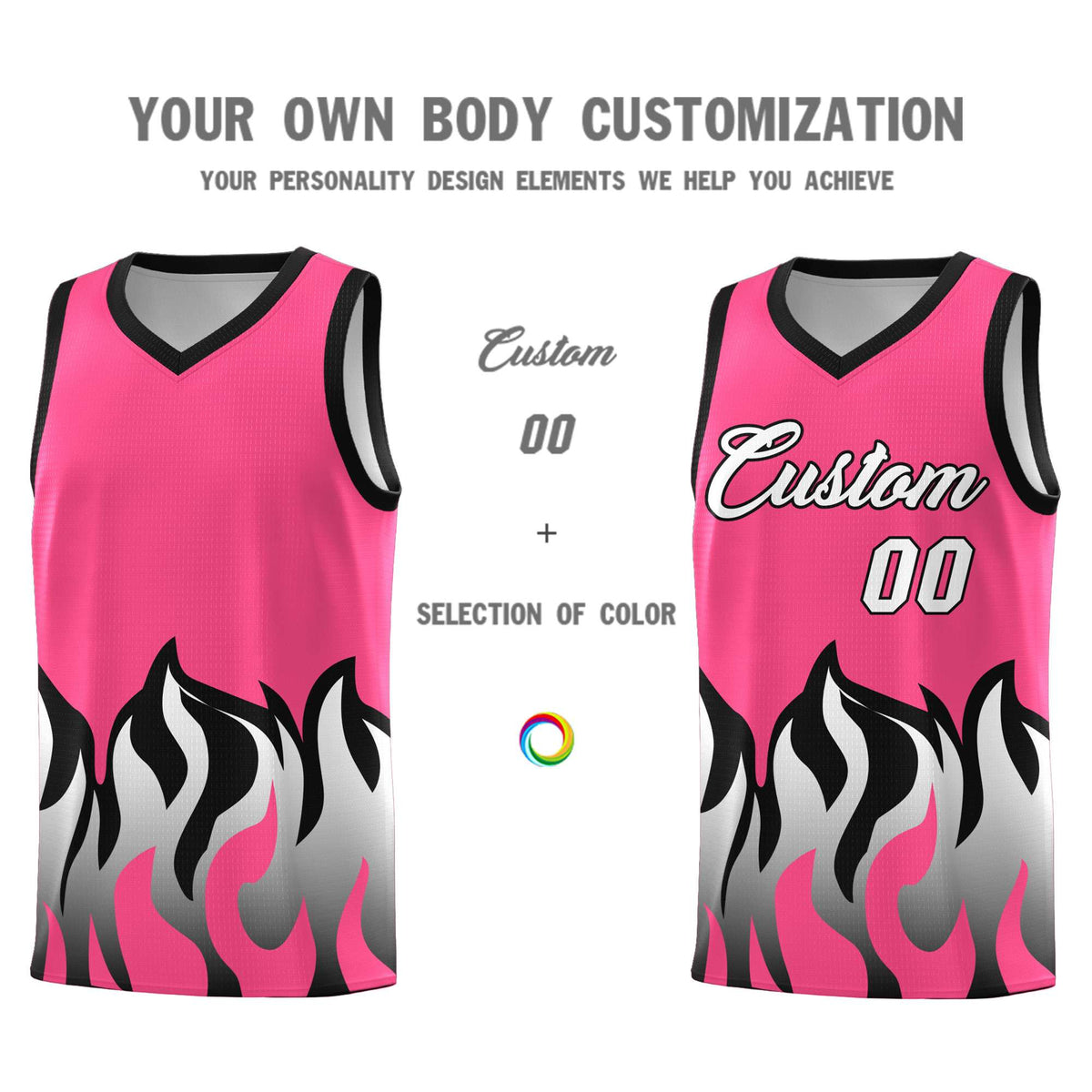 Custom Pink Black Hem Flame Pattern Fashion Sports Uniform Basketball jersey
