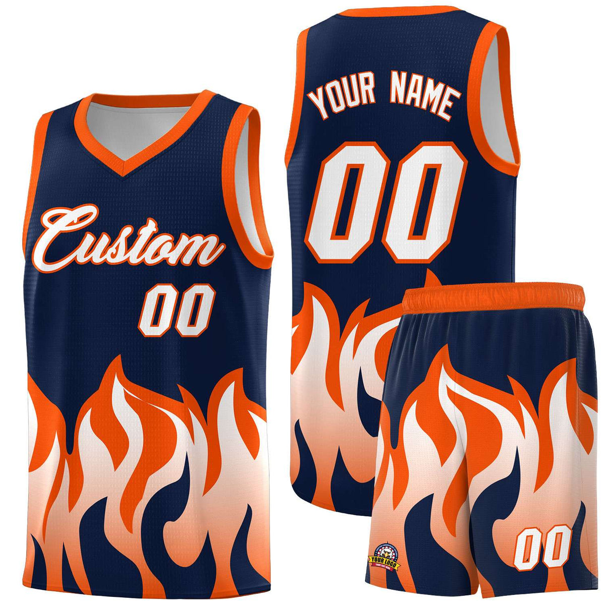 Custom Navy Orange Hem Flame Pattern Fashion Sports Uniform Basketball jersey