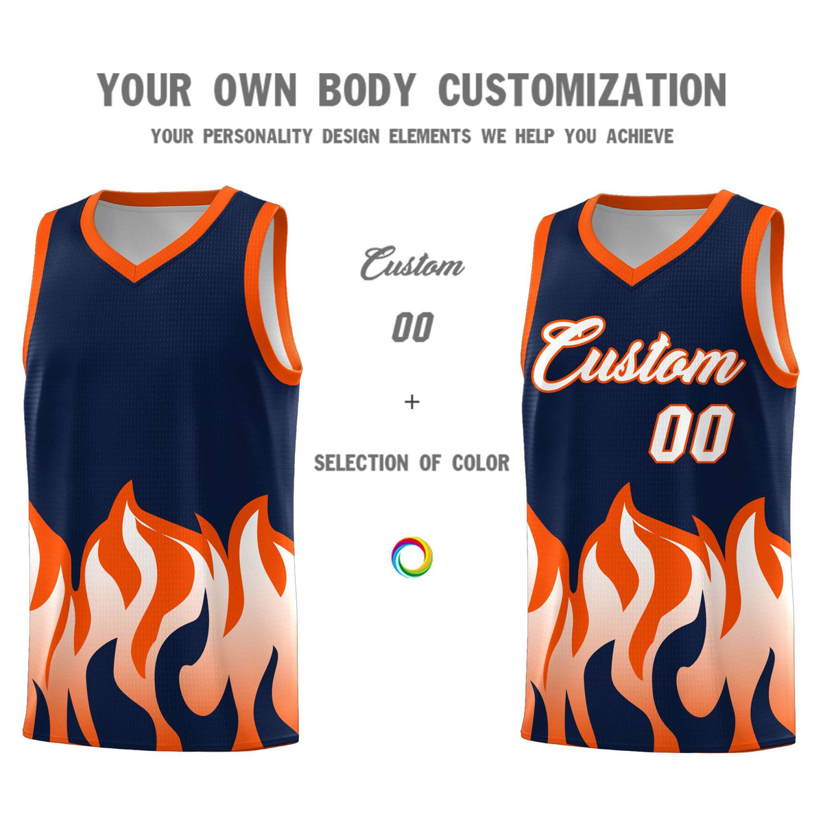 Custom Navy Orange Hem Flame Pattern Fashion Sports Uniform Basketball jersey
