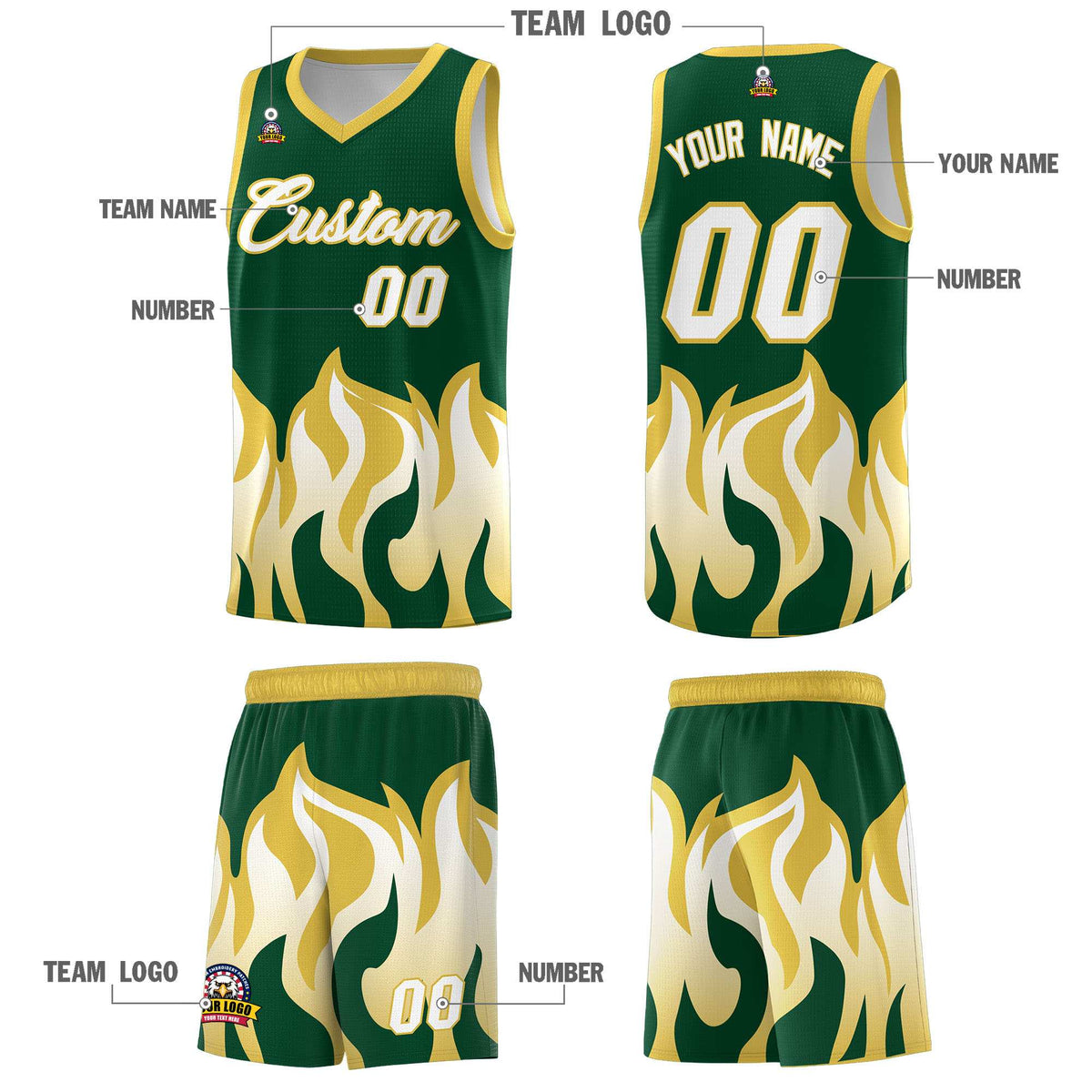 Custom Kelly Green Old Gold Hem Flame Pattern Fashion Sports Uniform Basketball jersey