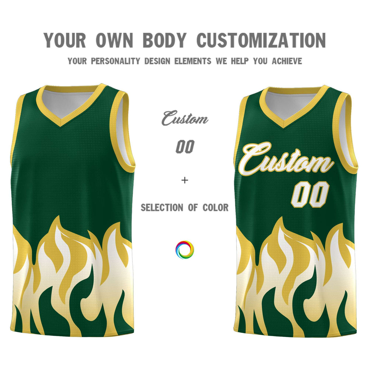 Custom Kelly Green Old Gold Hem Flame Pattern Fashion Sports Uniform Basketball jersey