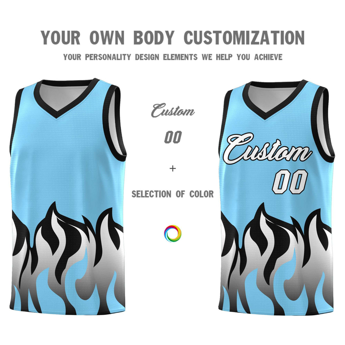 Custom Light Blue Black Hem Flame Pattern Fashion Sports Uniform Basketball jersey