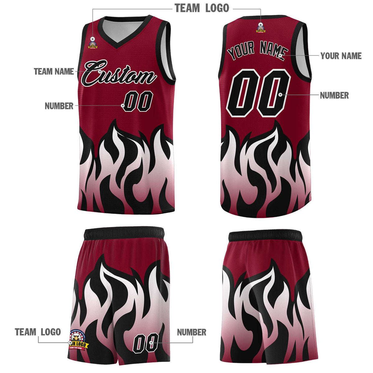 Custom Crimson Black Hem Flame Pattern Fashion Sports Uniform Basketball jersey