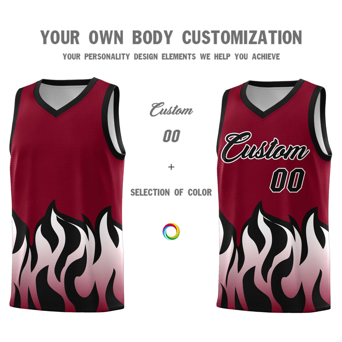 Custom Crimson Black Hem Flame Pattern Fashion Sports Uniform Basketball jersey