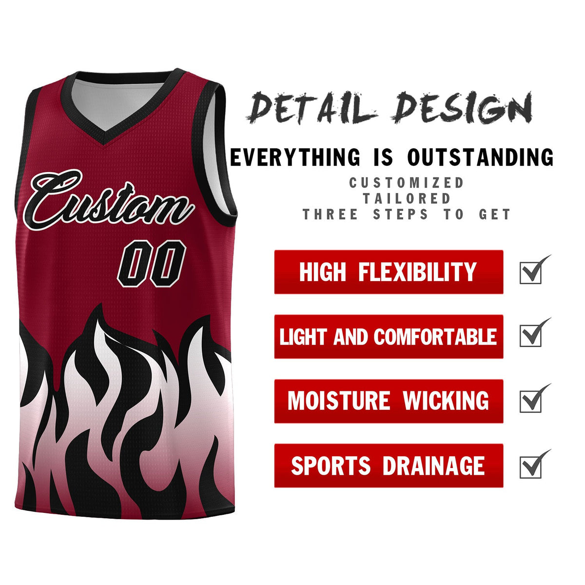 Custom Crimson Black Hem Flame Pattern Fashion Sports Uniform Basketball jersey