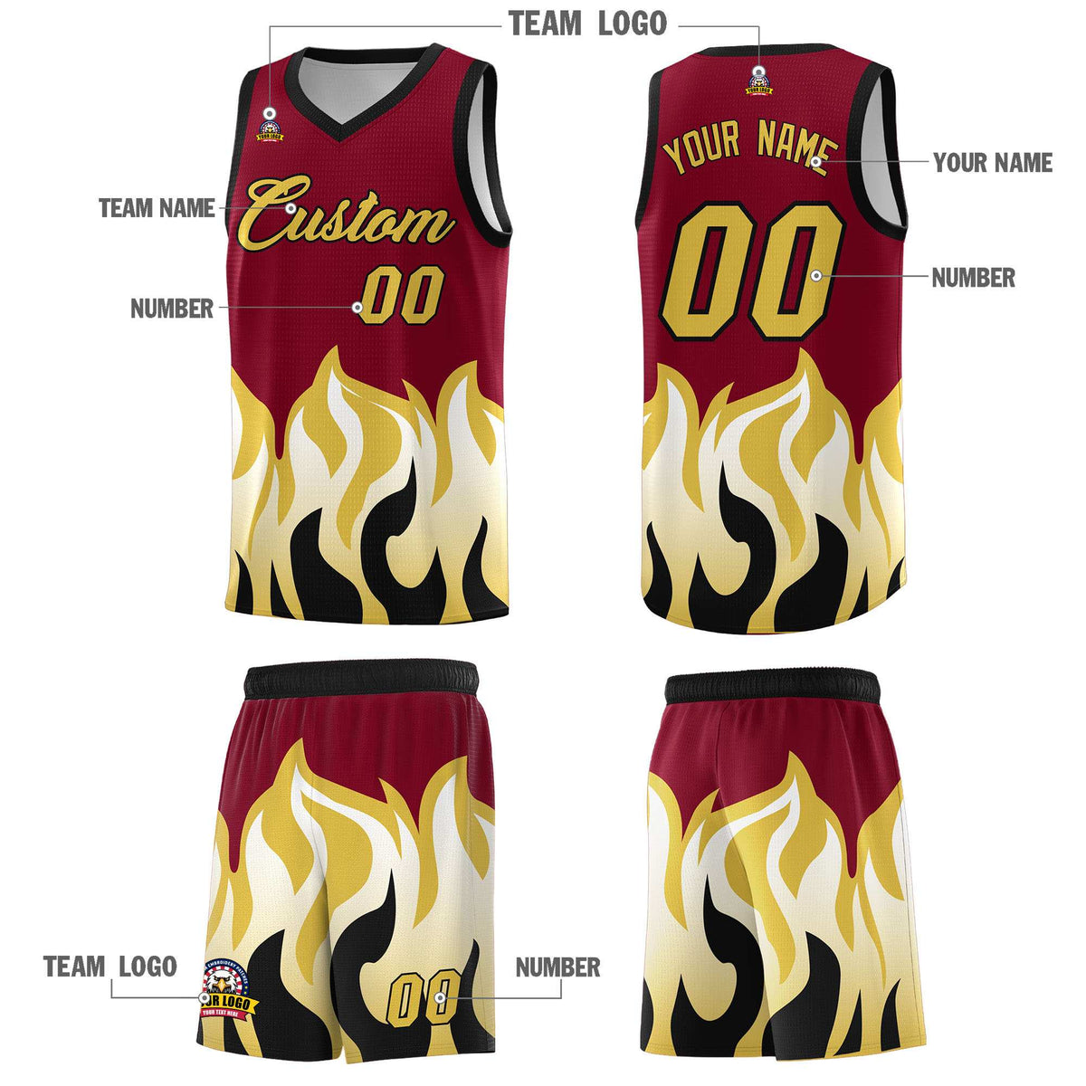 Custom Crimson Old Gold Hem Flame Pattern Fashion Sports Uniform Basketball jersey