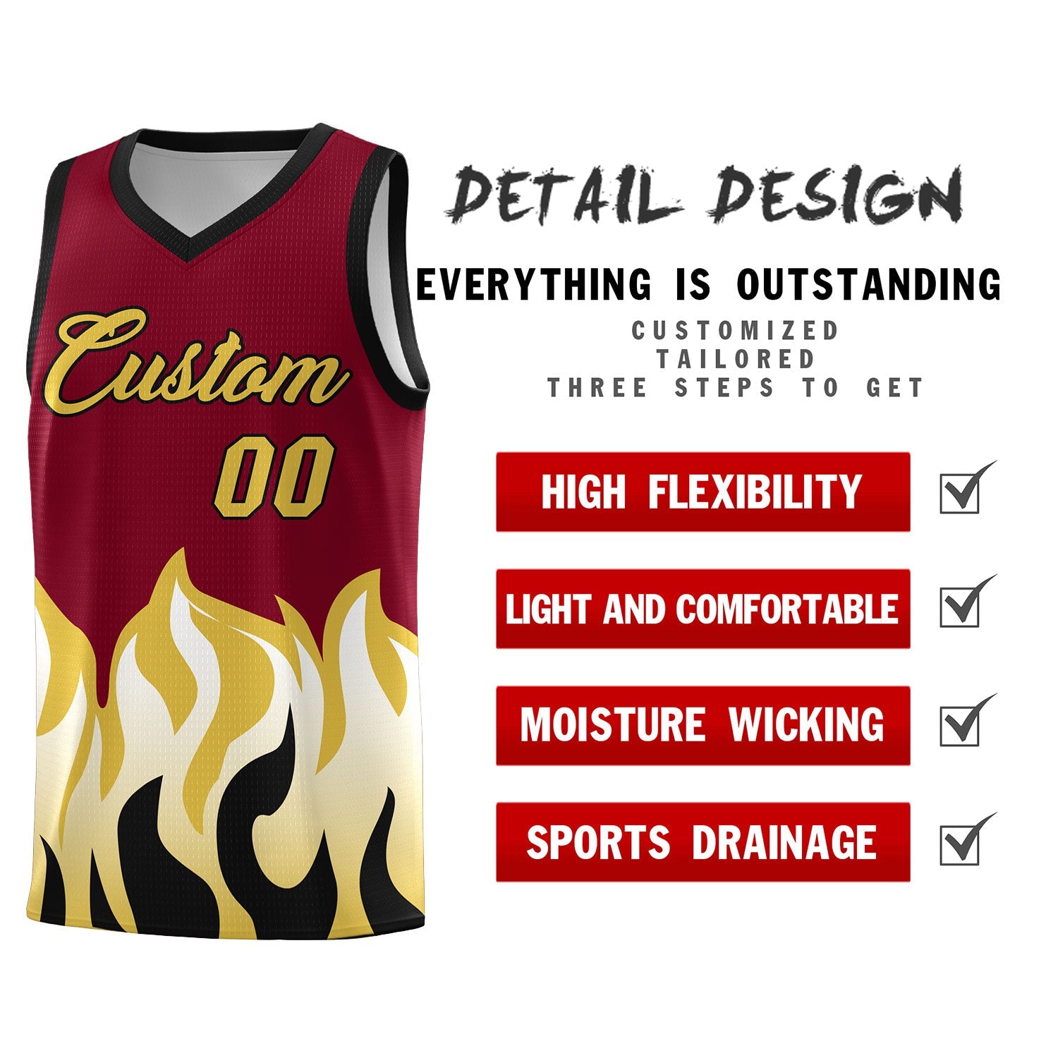 Custom Crimson Old Gold Hem Flame Pattern Fashion Sports Uniform Basketball jersey