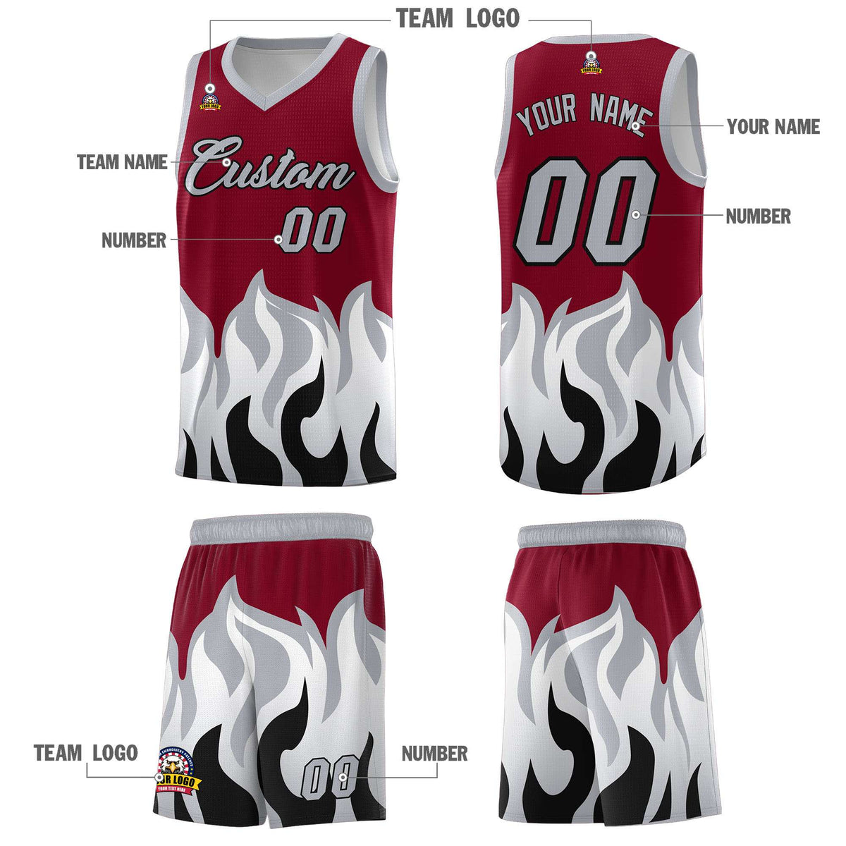 Custom Crimson Gray Hem Flame Pattern Fashion Sports Uniform Basketball jersey