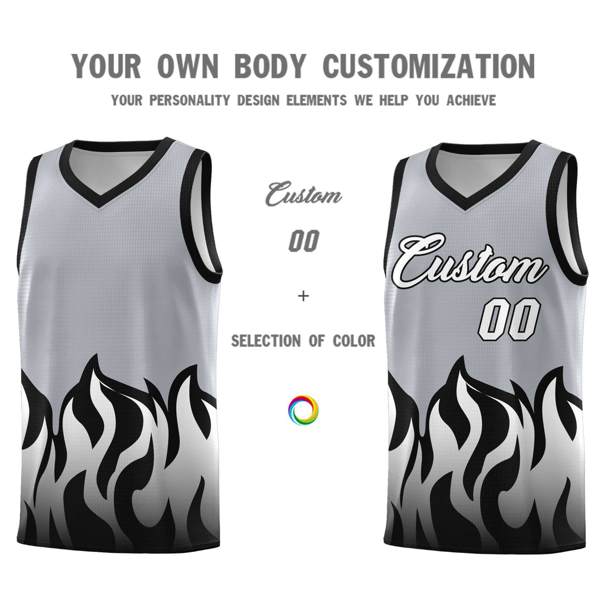 Custom Gray Black Hem Flame Pattern Fashion Sports Uniform Basketball jersey