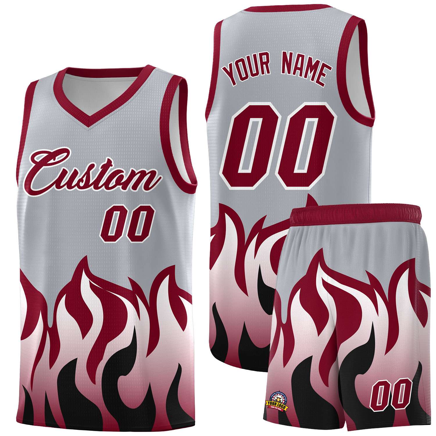 Custom Gray Crimson Hem Flame Pattern Fashion Sports Uniform Basketball jersey