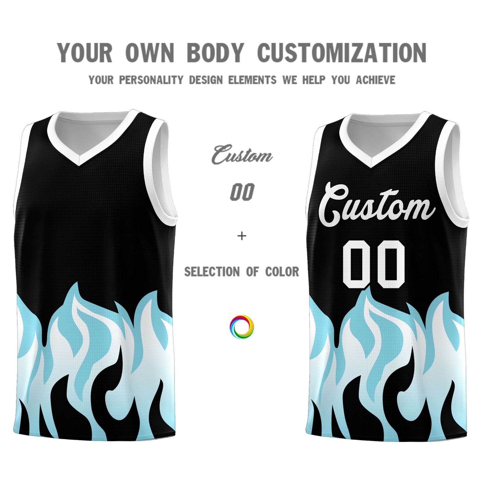Custom Black Sky Blue Hem Flame Pattern Fashion Sports Uniform Basketball jersey