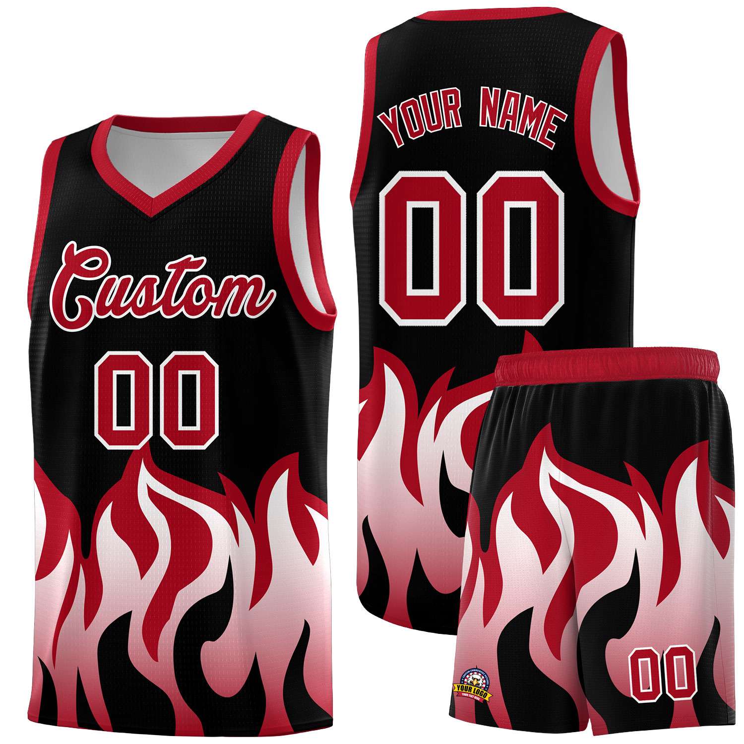 Custom Black Red Hem Flame Pattern Fashion Sports Uniform Basketball jersey