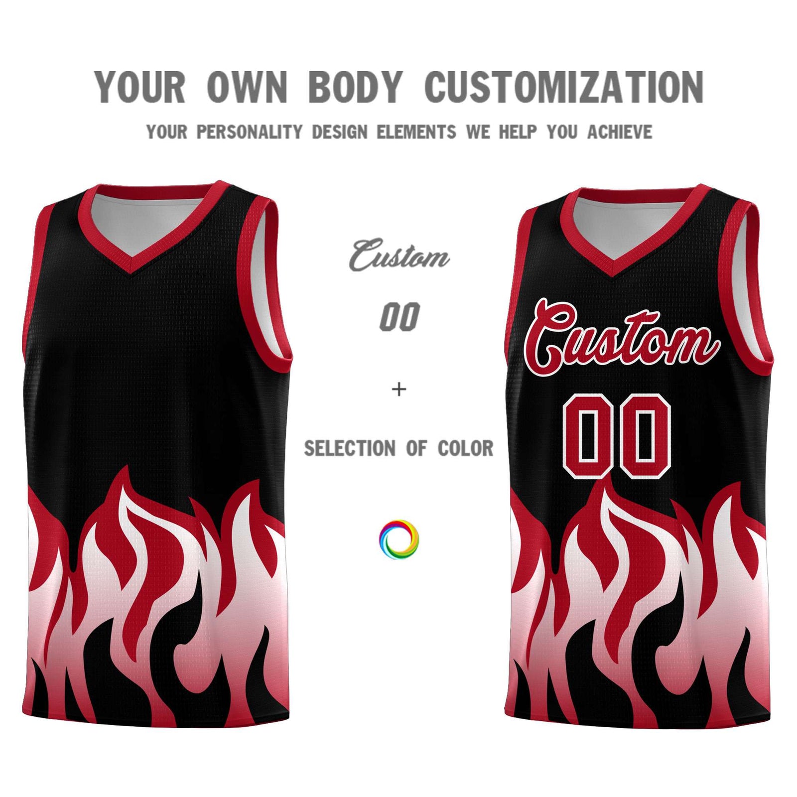 Custom Black Red Hem Flame Pattern Fashion Sports Uniform Basketball jersey