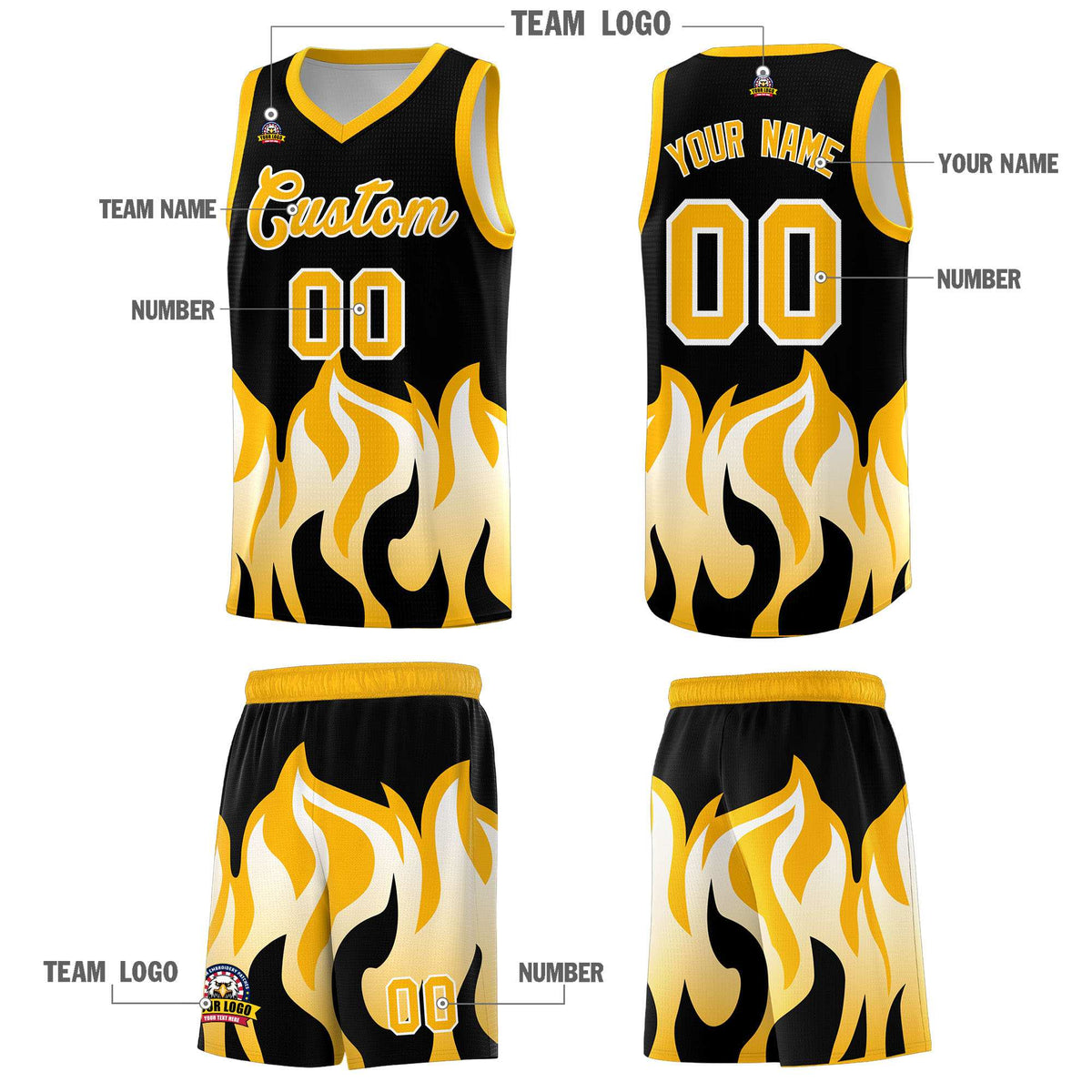 Custom Black Yellow Hem Flame Pattern Fashion Sports Uniform Basketball jersey