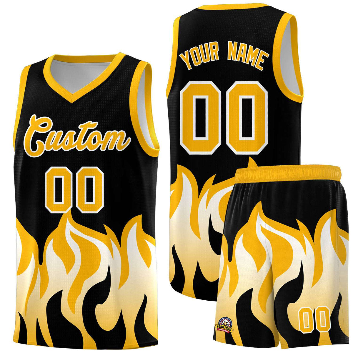 Custom Black Yellow Hem Flame Pattern Fashion Sports Uniform Basketball jersey