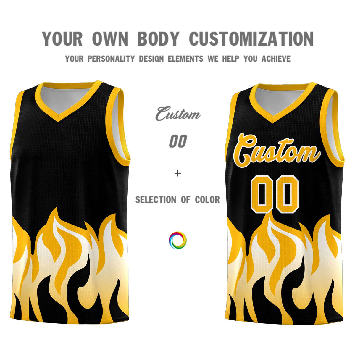 Custom Black Yellow Hem Flame Pattern Fashion Sports Uniform Basketball jersey