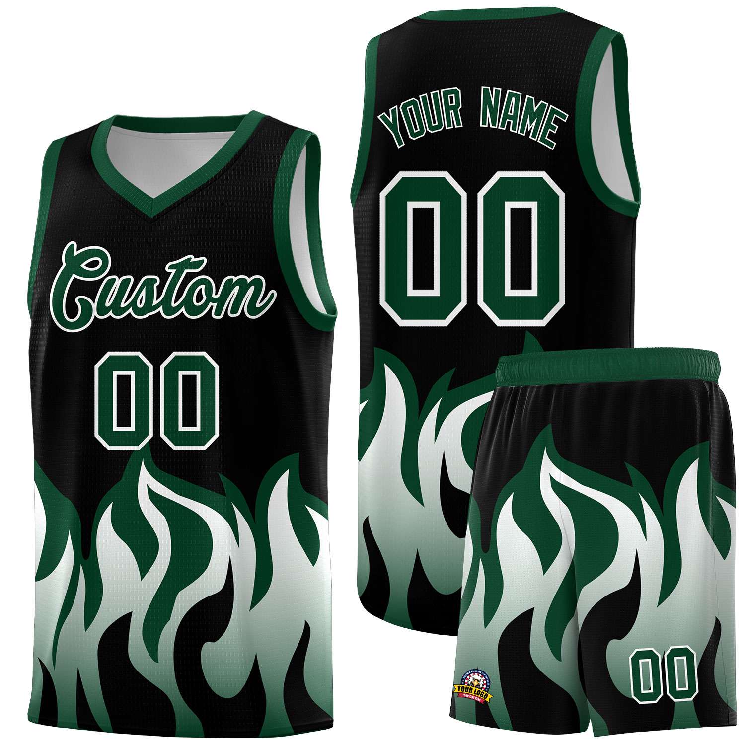 Custom Black Hunter Green Hem Flame Pattern Fashion Sports Uniform Basketball jersey