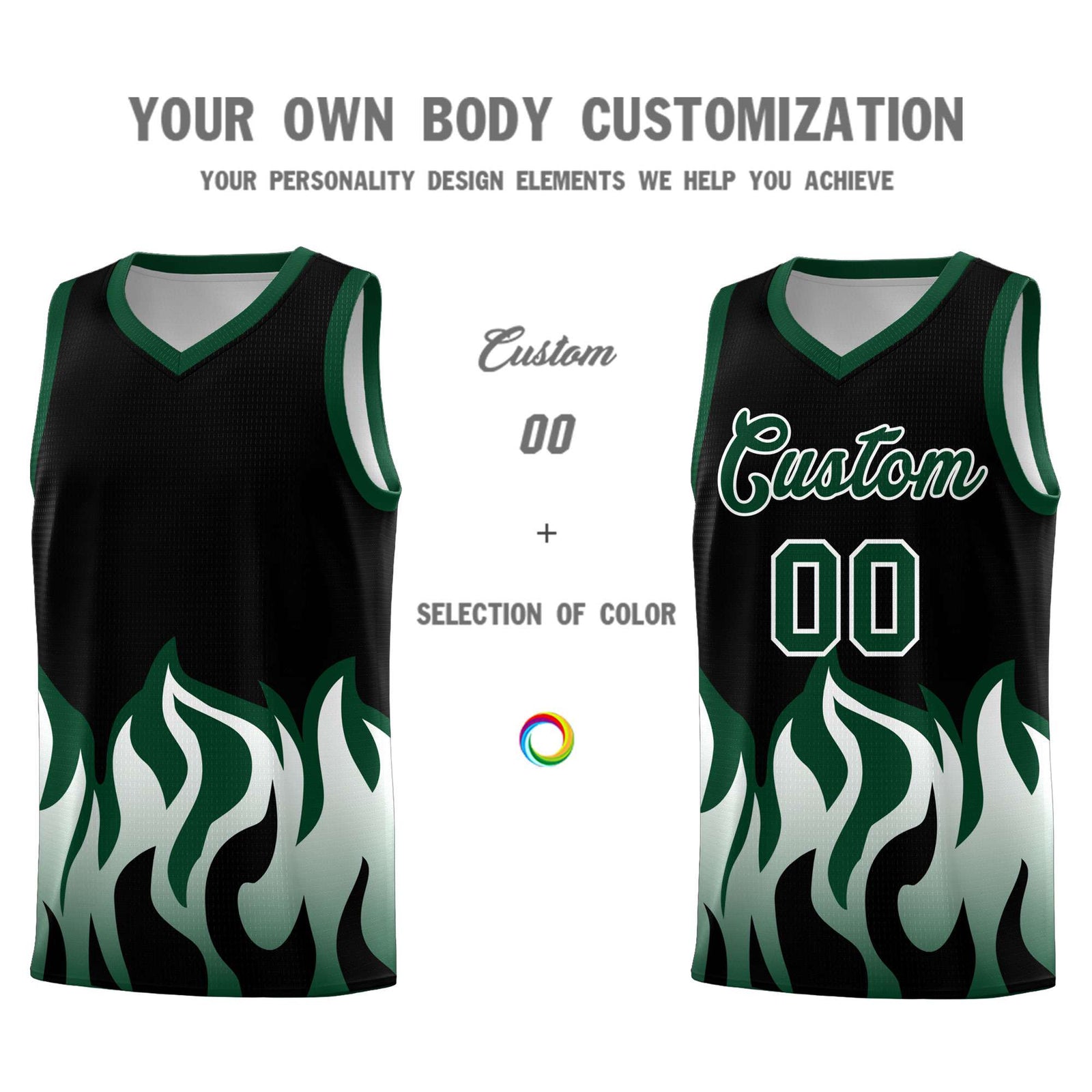 Custom Black Hunter Green Hem Flame Pattern Fashion Sports Uniform Basketball jersey