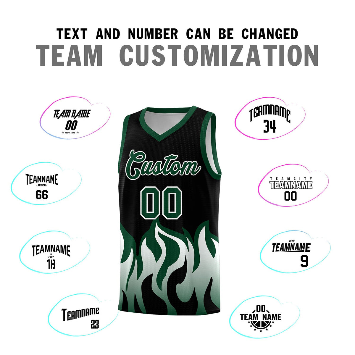 Custom Black Hunter Green Hem Flame Pattern Fashion Sports Uniform Basketball jersey