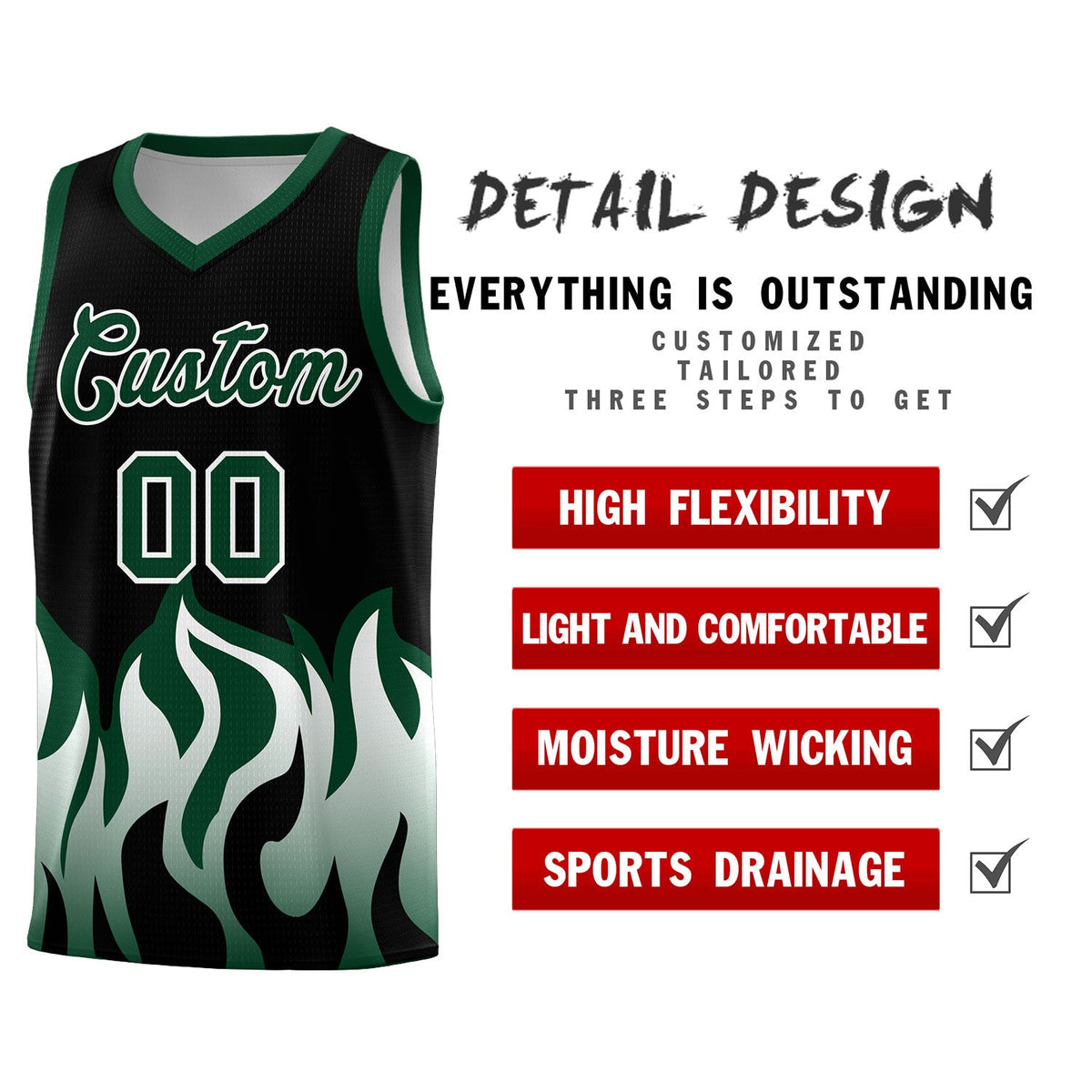 Custom Black Hunter Green Hem Flame Pattern Fashion Sports Uniform Basketball jersey