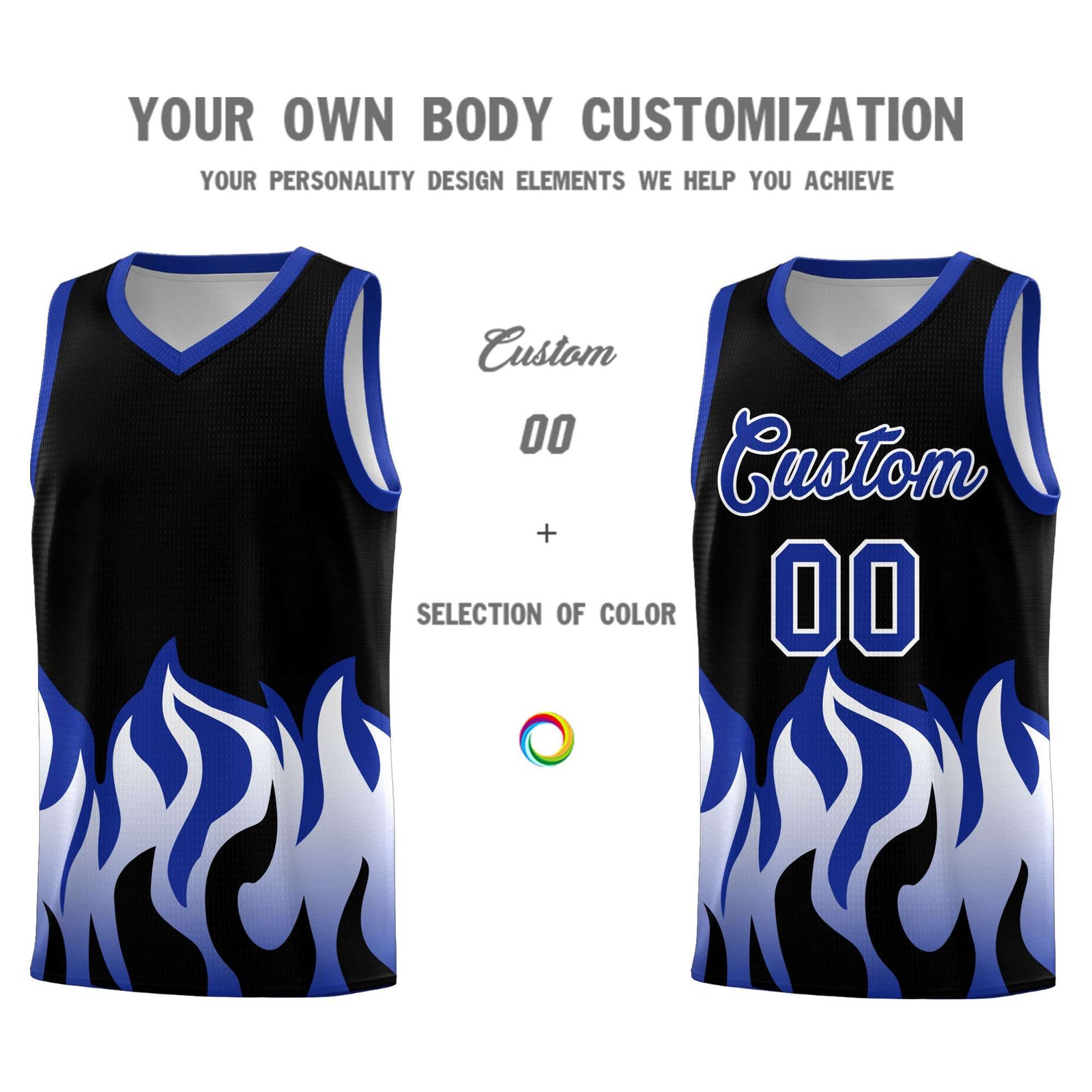 Custom Black Royal Hem Flame Pattern Fashion Sports Uniform Basketball jersey