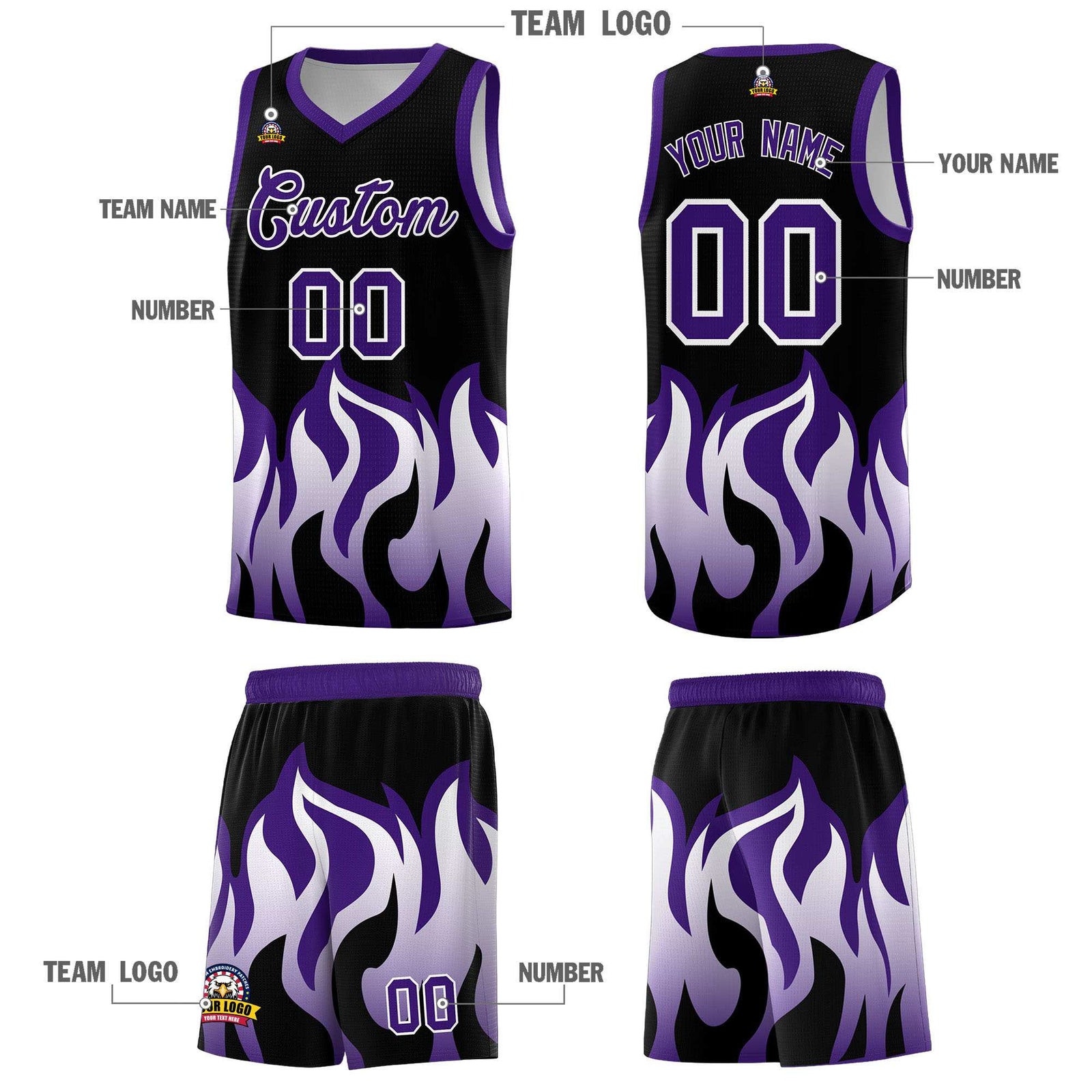 Custom Black Purple Hem Flame Pattern Fashion Sports Uniform Basketball jersey