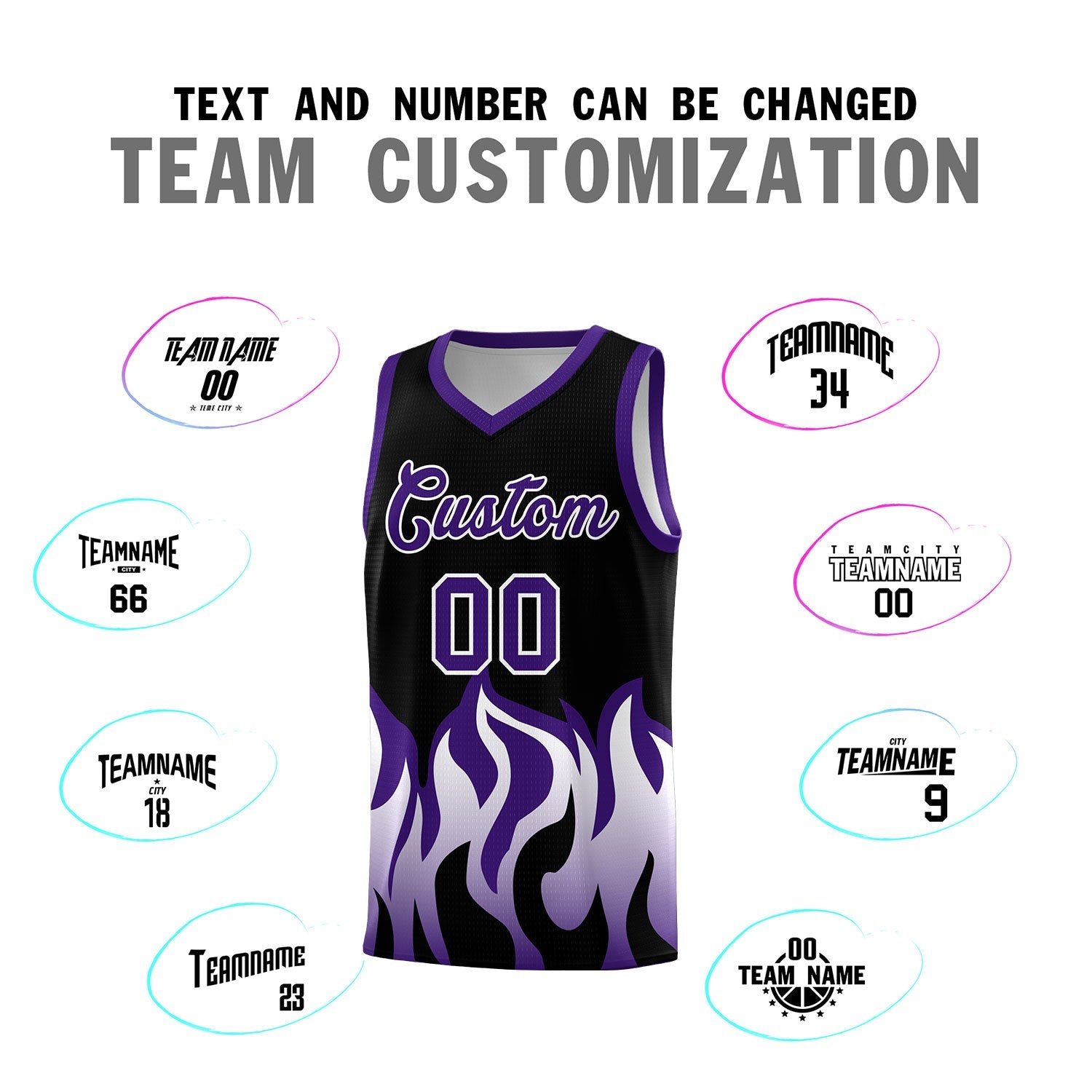 Custom Black Purple Hem Flame Pattern Fashion Sports Uniform Basketball jersey