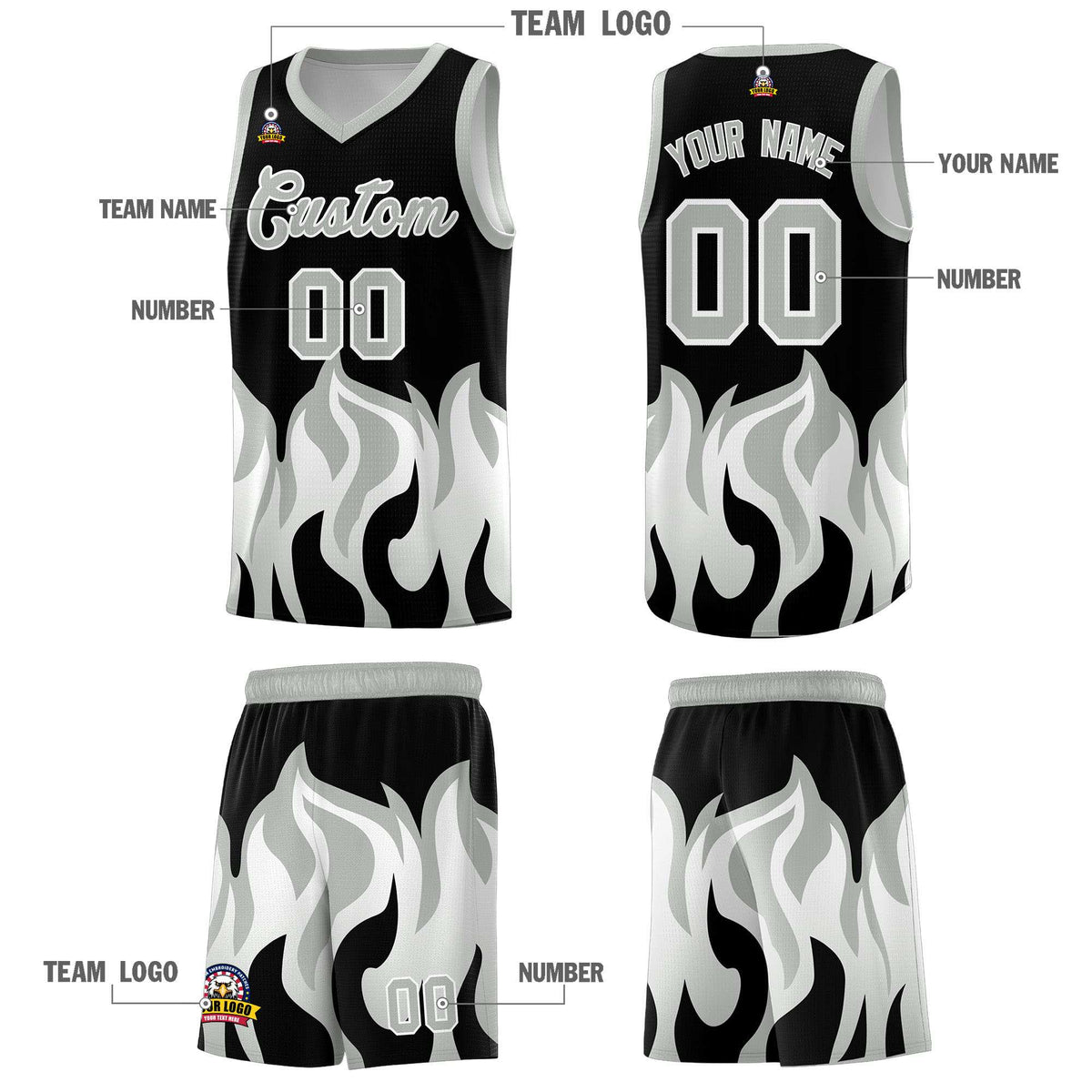 Custom Black Gray Hem Flame Pattern Fashion Sports Uniform Basketball jersey