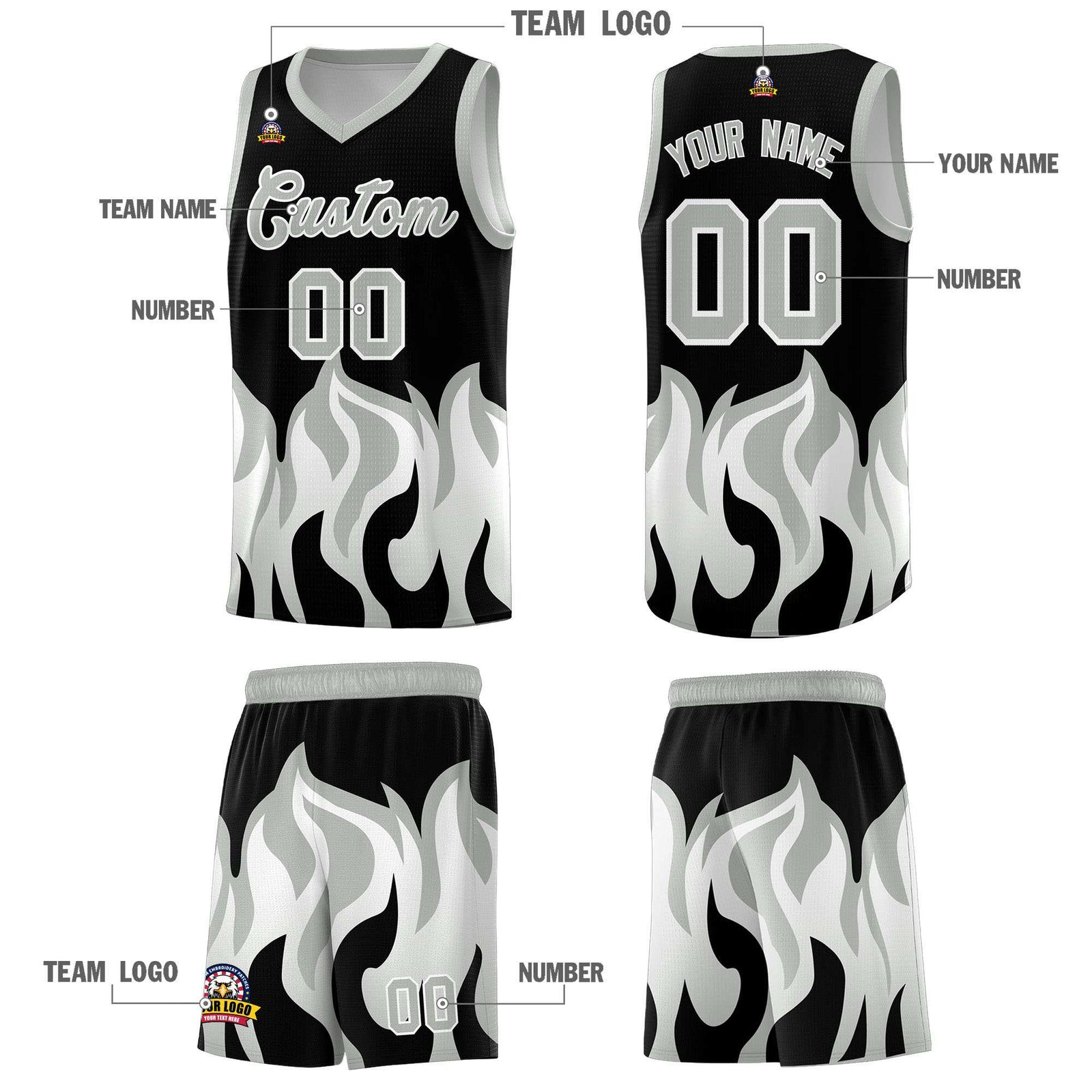Custom Black Gray Hem Flame Pattern Fashion Sports Uniform Basketball jersey