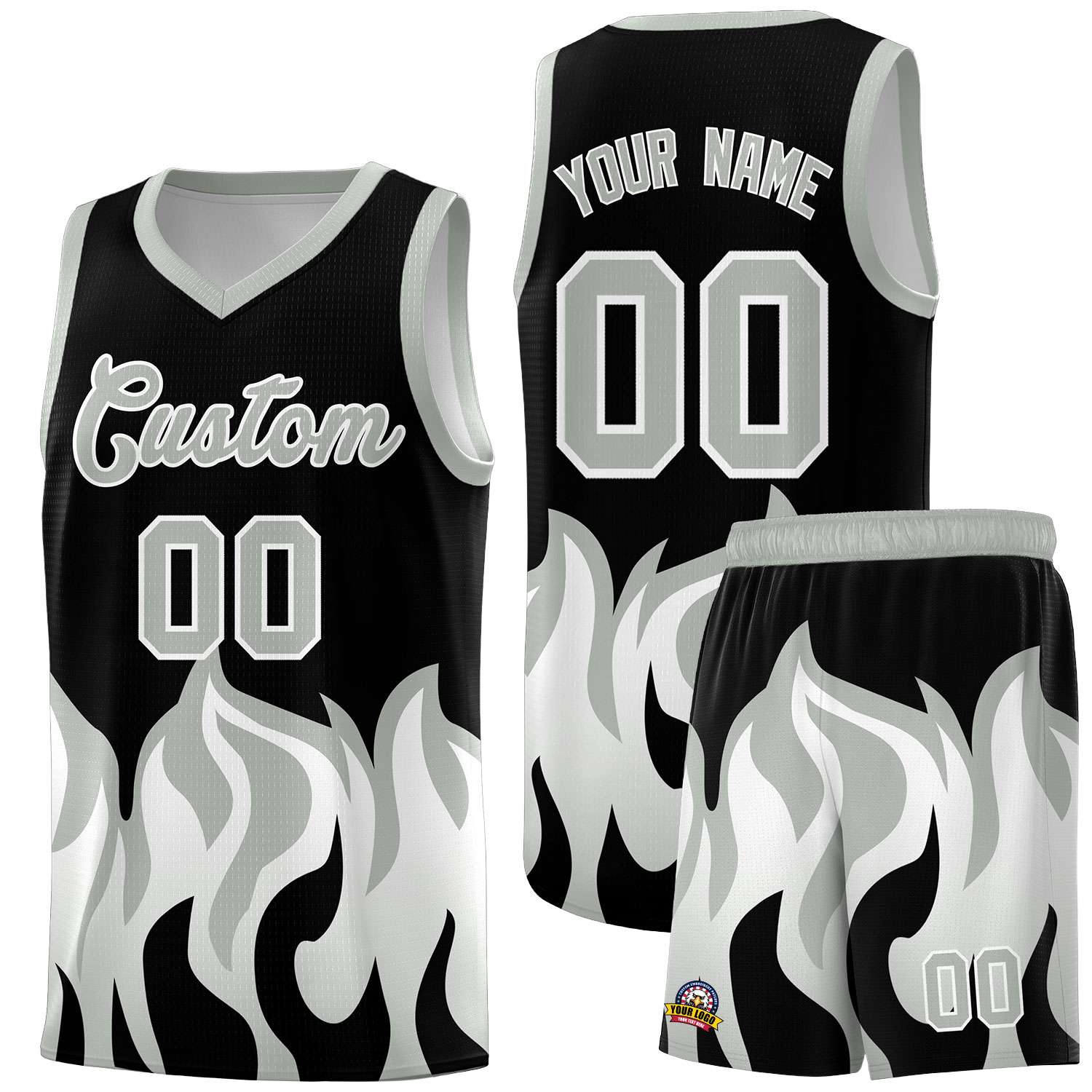 Custom Black Gray Hem Flame Pattern Fashion Sports Uniform Basketball jersey