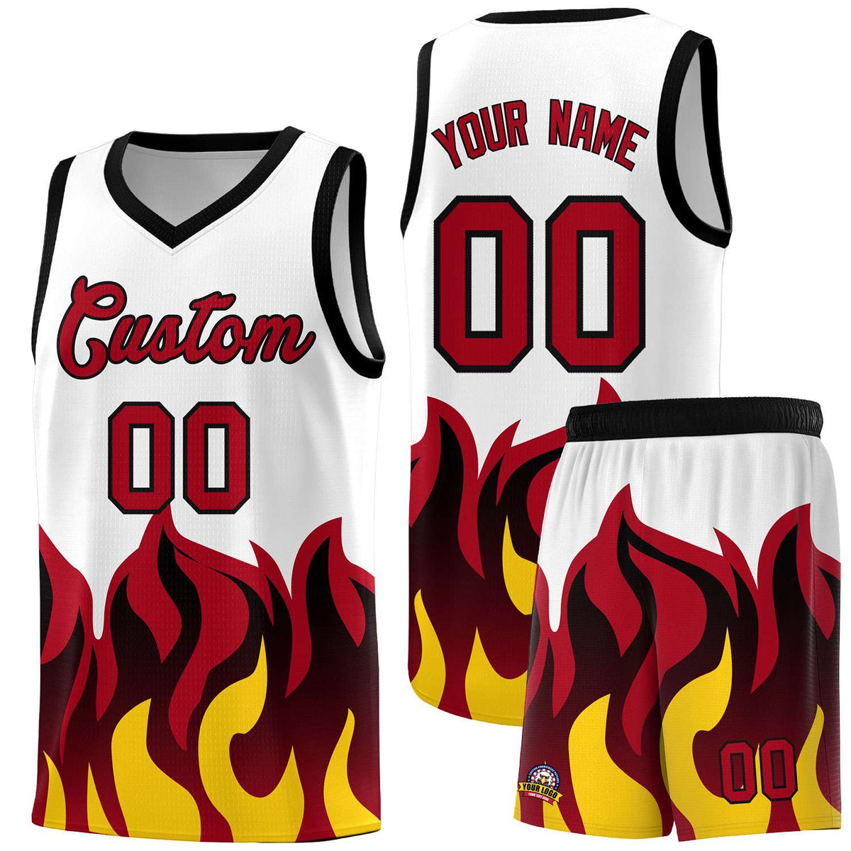 Custom White Red Hem Flame Pattern Fashion Sports Uniform Basketball jersey