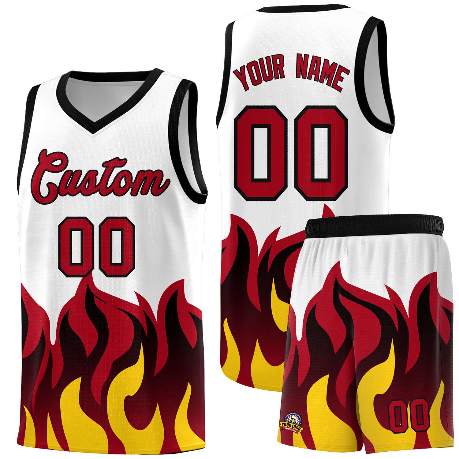 Custom White Red Hem Flame Pattern Fashion Sports Uniform Basketball jersey