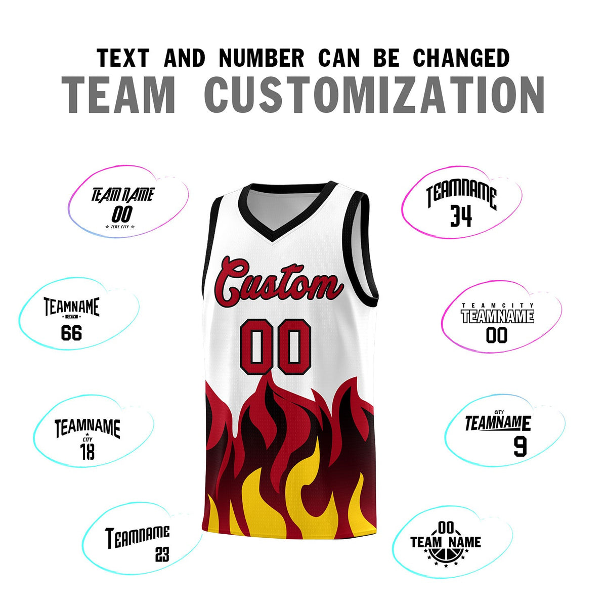 Custom White Red Hem Flame Pattern Fashion Sports Uniform Basketball jersey