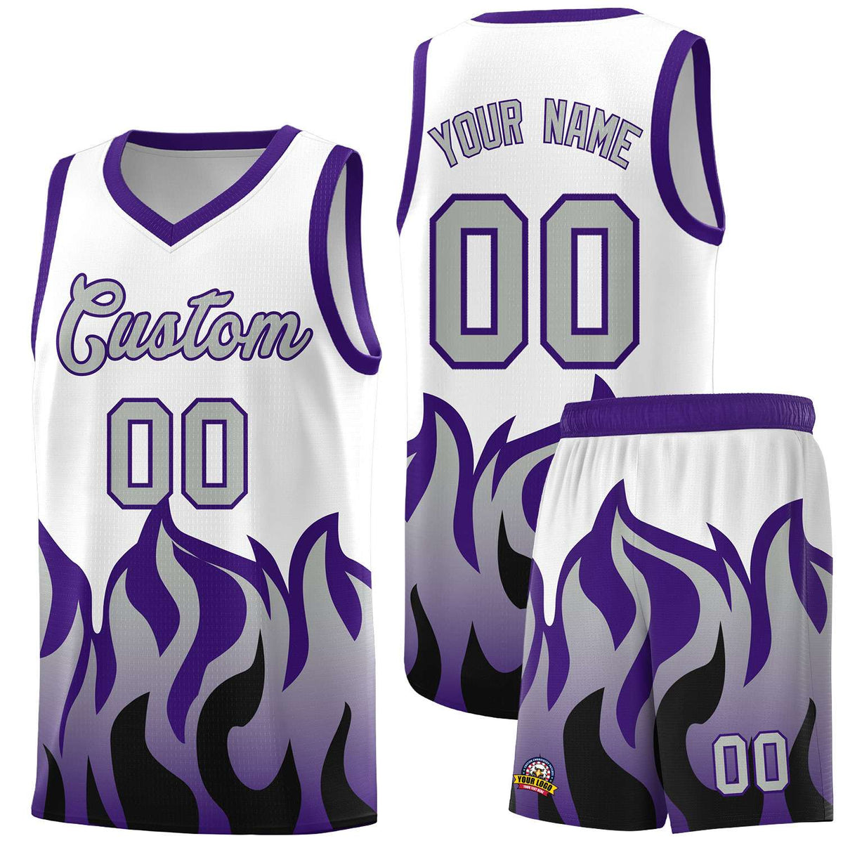 Custom White Purple Hem Flame Pattern Fashion Sports Uniform Basketball jersey