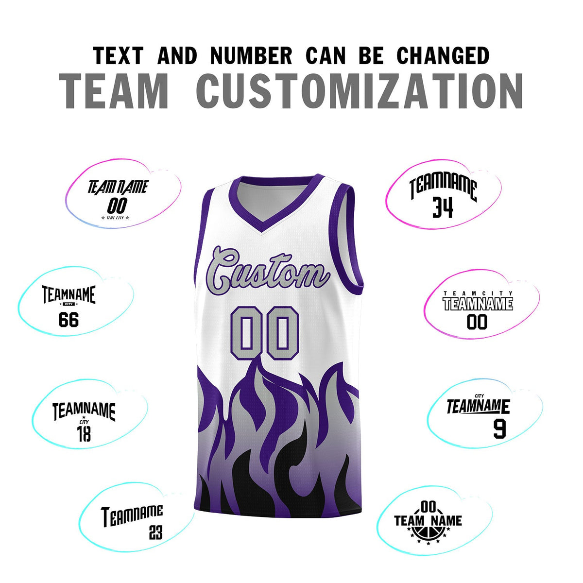 Custom White Purple Hem Flame Pattern Fashion Sports Uniform Basketball jersey