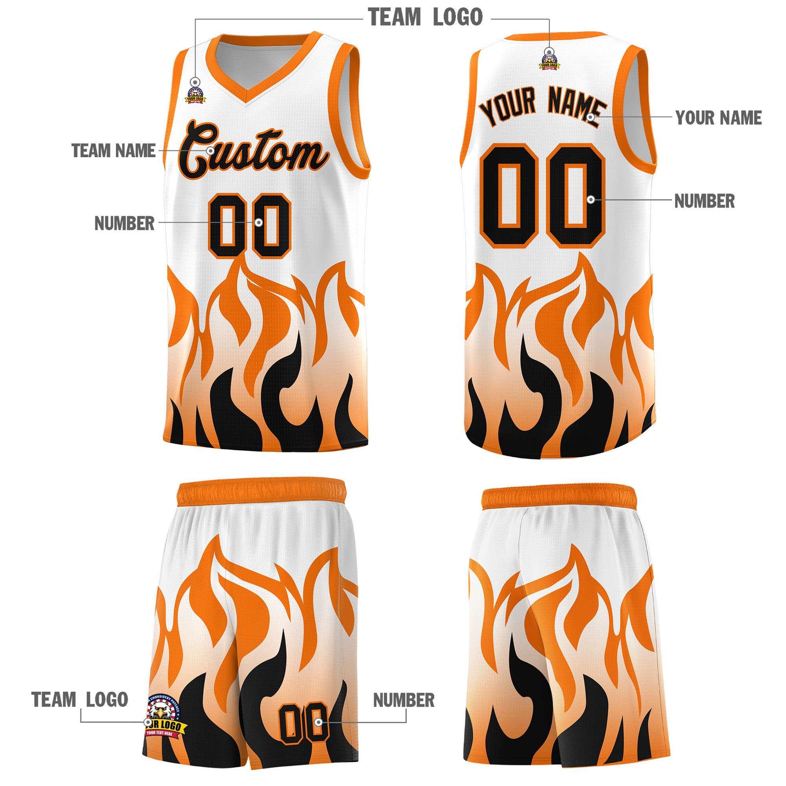 Custom White Orange Hem Flame Pattern Fashion Sports Uniform Basketball jersey