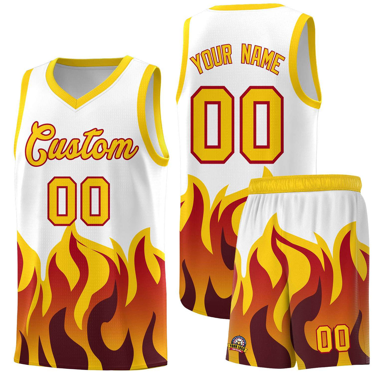Custom White Gold Hem Flame Pattern Fashion Sports Uniform Basketball jersey