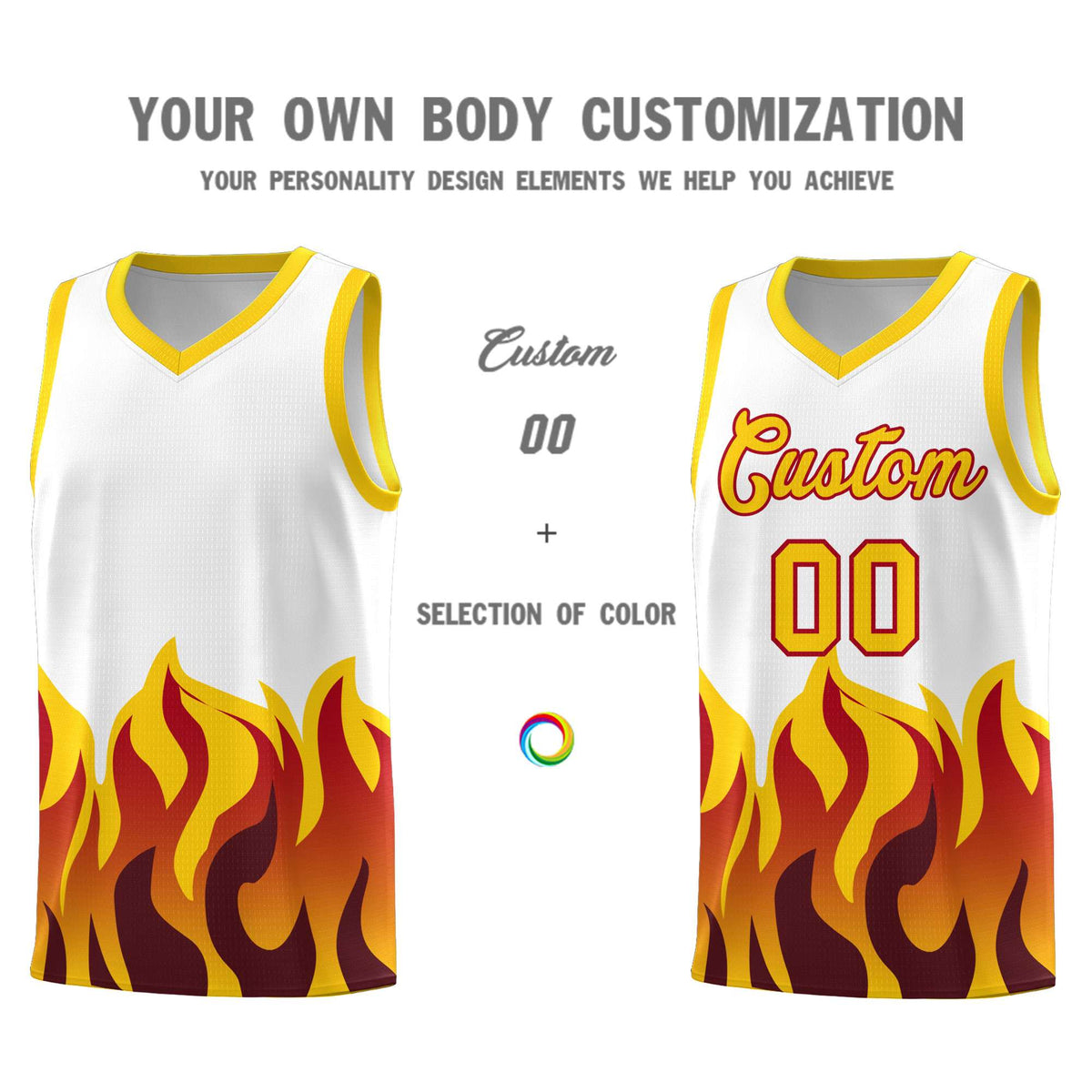 Custom White Gold Hem Flame Pattern Fashion Sports Uniform Basketball jersey