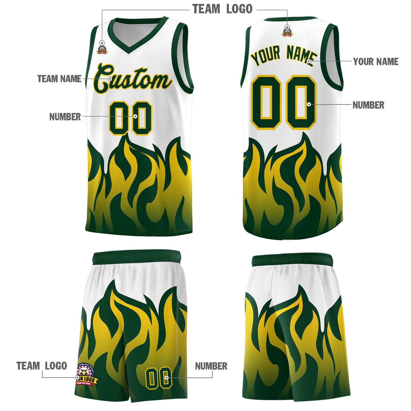 Custom White Hunter Green Hem Flame Pattern Fashion Sports Uniform Basketball jersey