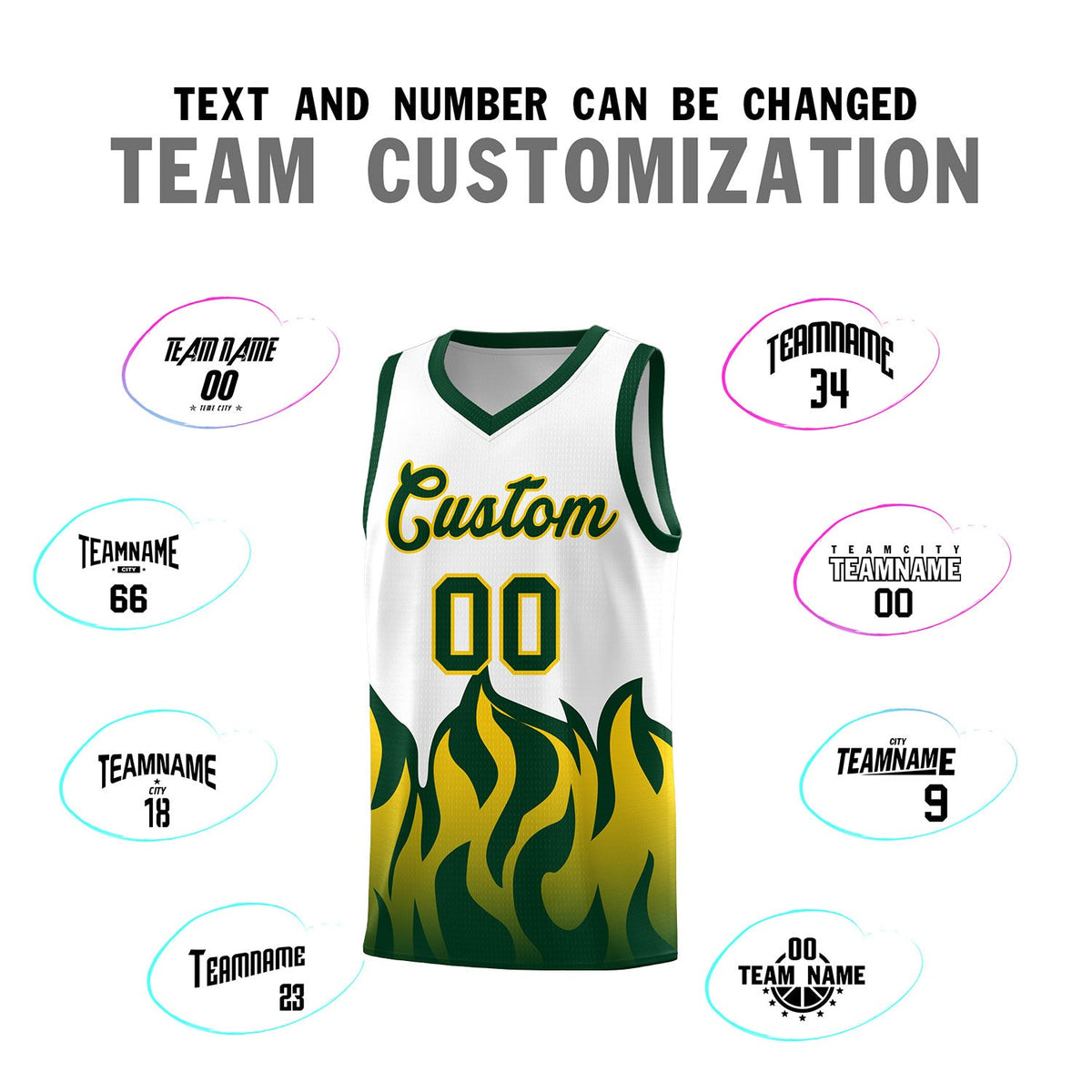 Custom White Hunter Green Hem Flame Pattern Fashion Sports Uniform Basketball jersey